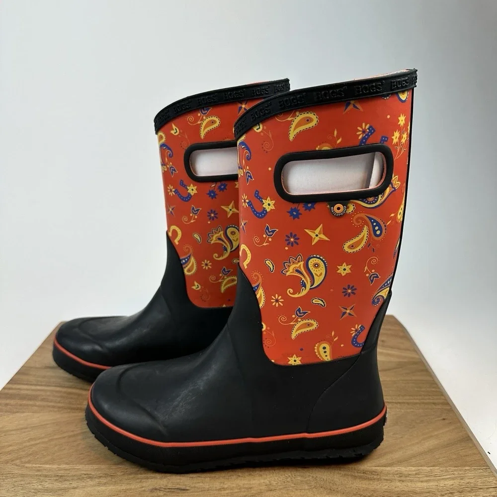 New NWOB Big Kids Childrens Bogs Red Western Tall Pink Rubber RainBoots Size 5 Y